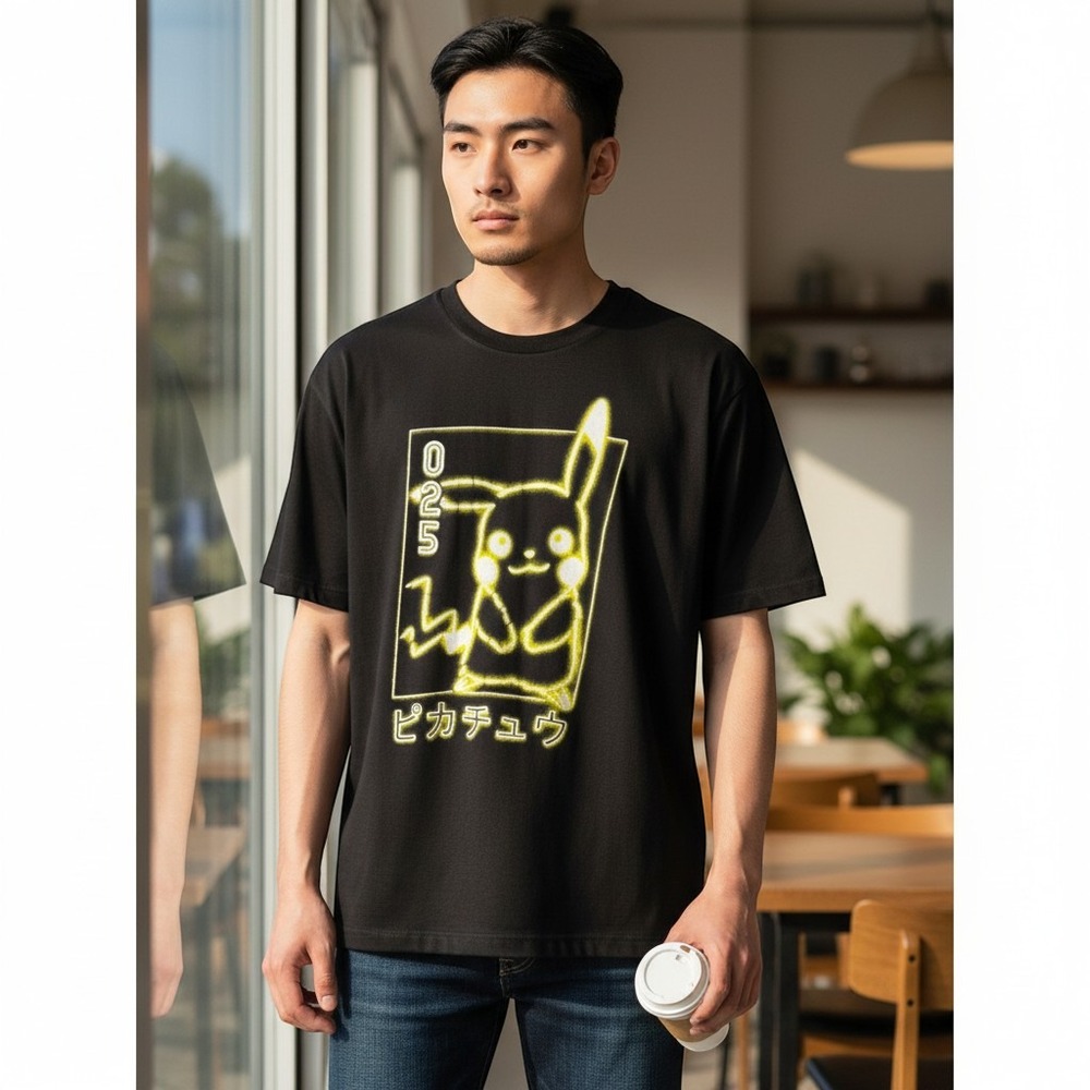 Pokemon T-Shirt Small Black Excellent Pikachu Neon Japanese Graphic Tee‎ 025